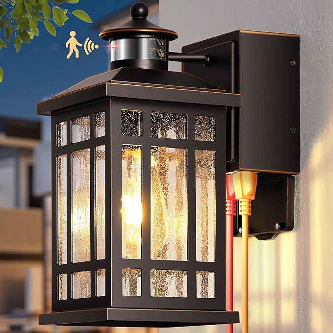 Outdoor Wall Light Fixtures with GFCI Outlet, Adjustable Sensitivity Motion Sensor Outdoor Lights, Oil Rubbed Bronze Anti-Rust Outside Lighting Fixture Sconce for Patio, Garage, Waterproof