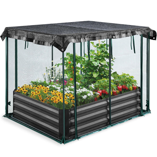Quictent Galvanized Raised Garden Bed with Crop Cage Plant Protection Net Tent and Shade Cloth Kit Metal Planter Box Bottomless Planting Vegetables Outdoor Backyard Included T Tags Wing Nuts 4x3x1 Ft
