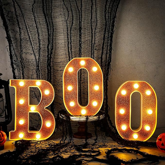 Baquler 3 Pcs Halloween Boo Decorations Light up Boo Sign Marquee LED Letters Lights Decor for Halloween Outdoor Home Room Kitchen Fireplace Tabletop Party Supplies(Orange)