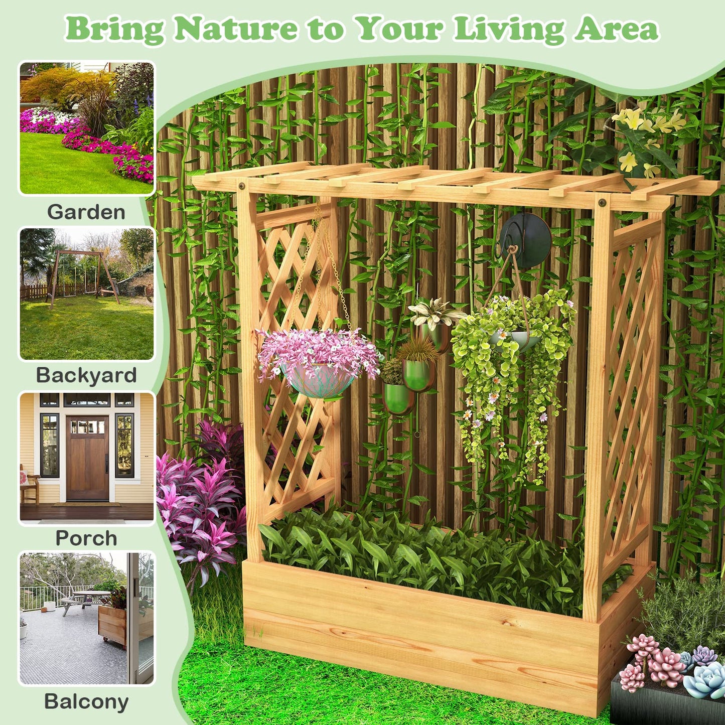LDAILY Raised Garden Bed with Trellis, Above Ground Garden Bed with Hanging Roof, Side Trellis, & 4 Drainage Holes, Planter Box for Outdoor Climbing Plants Vines Flowers (1, 43.5"L x 17.5"W x 44.5"H)