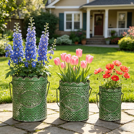 Set of 3 Vintage Distressed Metal Planter Rustic "Flowers and Garden" Embossed Flower Pots with Scalloped Edge & Handle Farmhouse Decorative Floral Buckets for Dried Flowers, Home Garden Decor (Green)