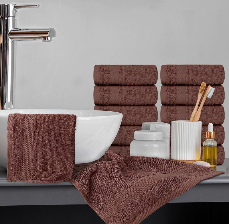 White Classic Luxury Cotton Washcloths 13x13 Inch - 650 GSM Turkish Cotton | Hotel, Spa, Bathroom Face Towel | 12 Pack, Brown