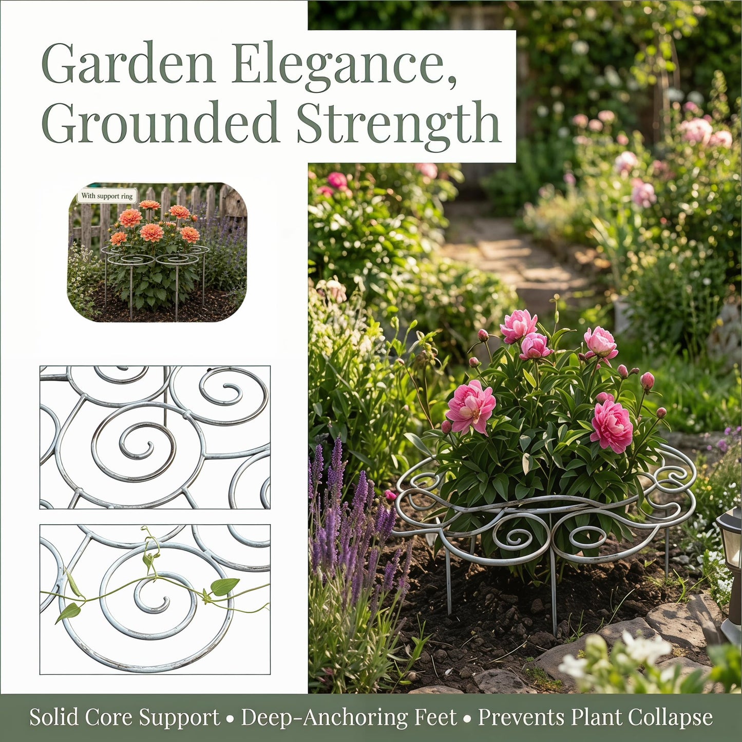 Peony Cages and Supports–Heavy Duty Metal Plant Support Ring for Garden, Grow Through Plant Support Stakes for Roses Hydrangeas, Outdoor Flower Cage with Weather-Resistant Iron Frame (2 pcs smal)