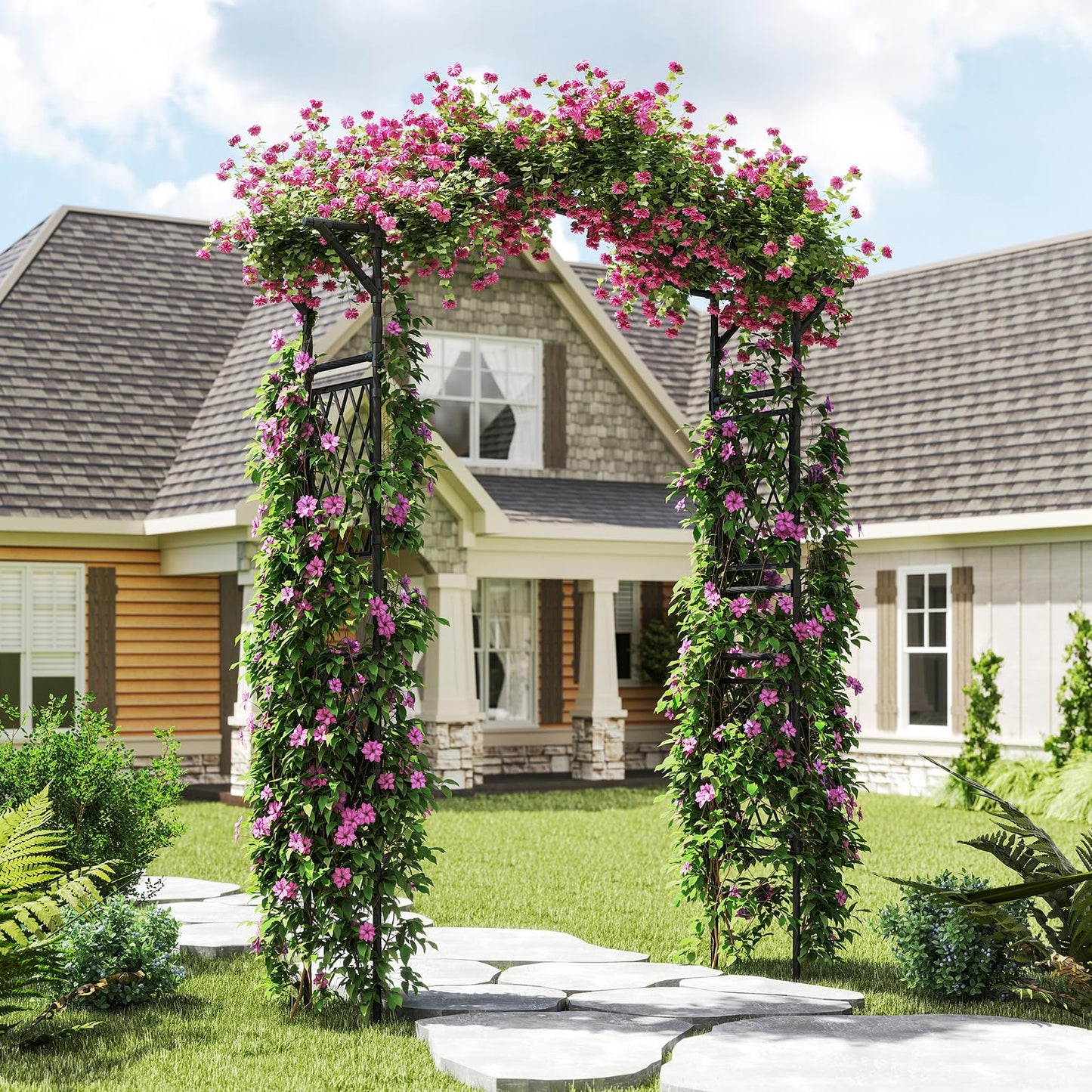 Giantex Garden Arch Trellis, 67''W x 83''H Metal Arbor with Corrugated PE-Coated Steel Tubes & Lattice Panels for Climbing Plants, Decorative Wedding Arch for Yard, Lawn, Party & Outdoor Events