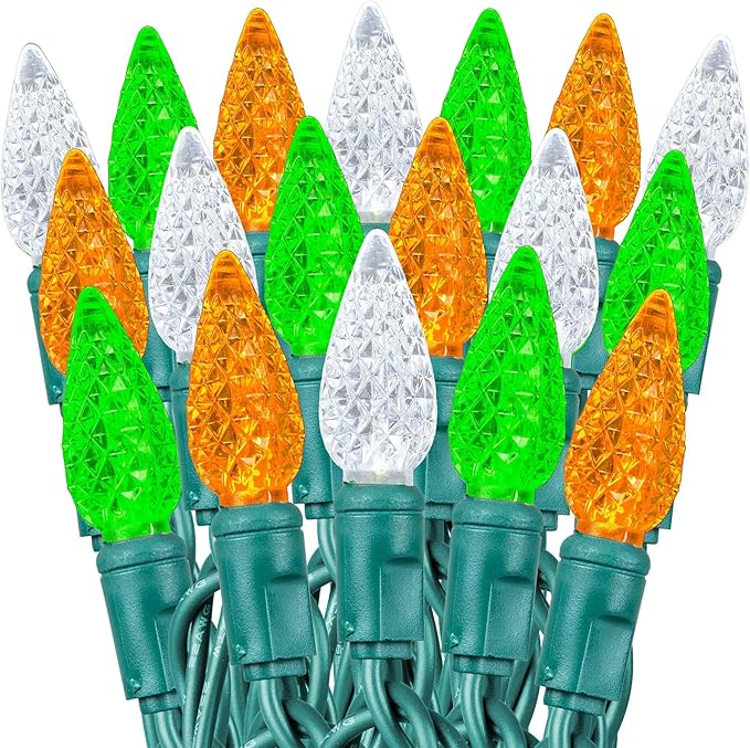 70 Light 24Ft St. Patrick’s Day Lights Commercial String Lights C6 LED Strawberry Faceted Bulb – Green/White/Orange, Green Wire, Indoor/Outdoor, Full Wave No Flicker, Connect 43 Sets