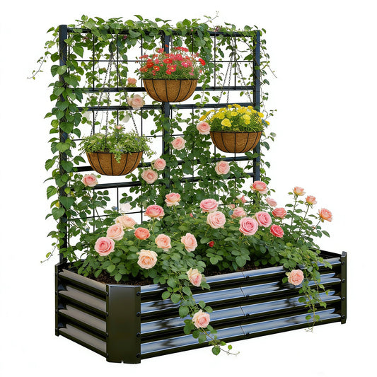 Galvanized Raised Garden Bed with Trellis for Climbing Plants Outdoor,Metal Vertical Garden Planter Box for Patio,Heavy Duty Elevated Garden Bed for Vegetables Tomatoes Cucumbers Flowers Herbs,Black