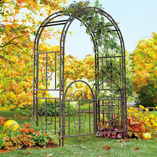 Plow & Hearth Arch Metal Outdoor Garden Arbor Double Gate | Montebello | 7 Feet Tall | Gunmetal Black | Steel Iron Trellis Lattice Climbing Plants & Heavy Vines