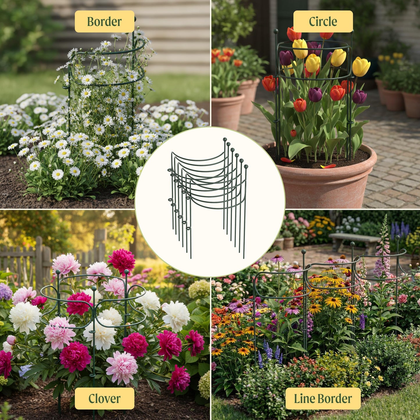 6 Pack Curved Plant Support Stakes, Dual Half Round Metal Garden Plant Stake, Peony Cages and Supports, 10"(W) x 20" (H) Flower Support Ring for Peonies, Hydrangea