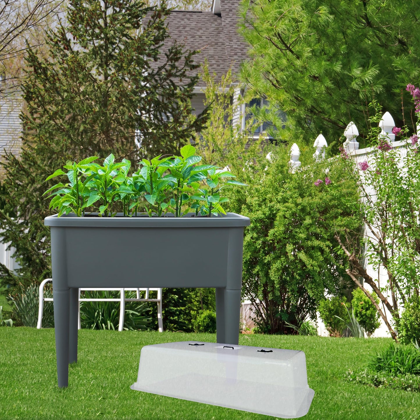 FENCETECH 20.8 Gallon Self Watering Raised Garden Bed with Greenhouse Cover, 30" x 25.6" x 15" Plastic Plant Box with Legs and Drainage Plug, Grey