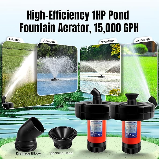 Pond Fountain Aerator 750W, 1HP 15000 GPH Floating Aerating Pump, 120ft Power Cord for Small & Large Ponds & Lakes (120V)