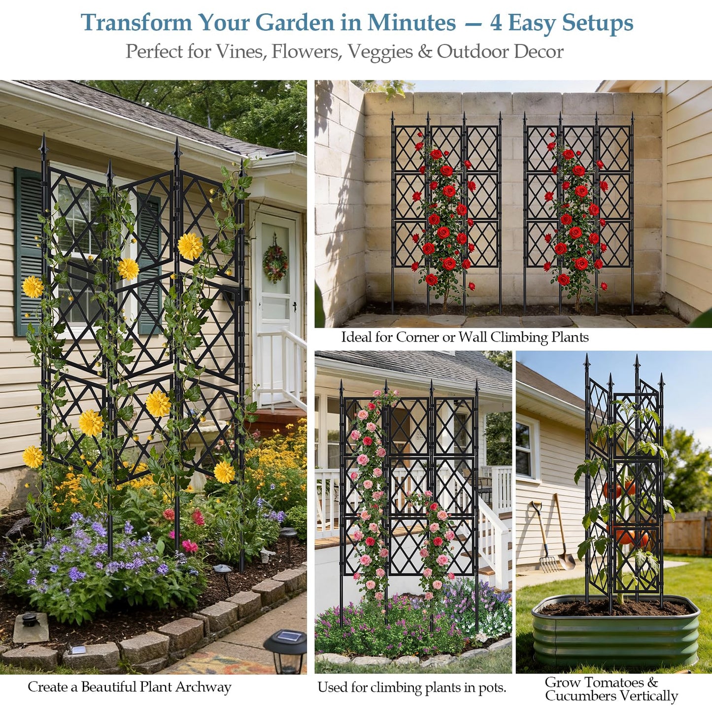 DEVISEFUN 5.25FT Metal Garden Trellis for Climbing Plants Outdoor and Indoor, Black Iron Pipe Support Fence Climbing Plant Frame Wall Trellis with Garden Twist Tie for Ivy Vines Vegetable Flower