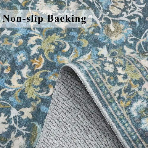 4x6 Living Room Area Rugs: Washable Boho Bedside Rugs Non Slip Low Pile Floral Small Carpet for Kitchen Bedroom Non-Shedding Floor Mat for Kids Room Office Dining Room(4x6 Floral/Blue)