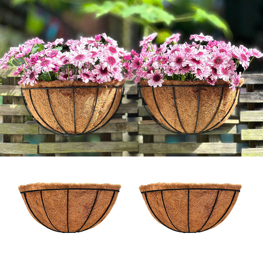 LaLaGreen Wall Hanging Planters, 2 Pack, 12 Inch Wall Mounted Flower Baskets with Coco Liner, Metal Iron Wire Plant Holder for Outdoor Window Box Herb Outside Fence Railing Deck Porch Balcony Garden