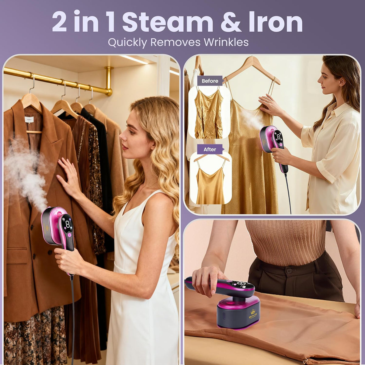 Skiennix Travel Steamer for Clothes - Fast 10s Heat Up, 4 Adjustable Modes, 100ml Tank | Pink