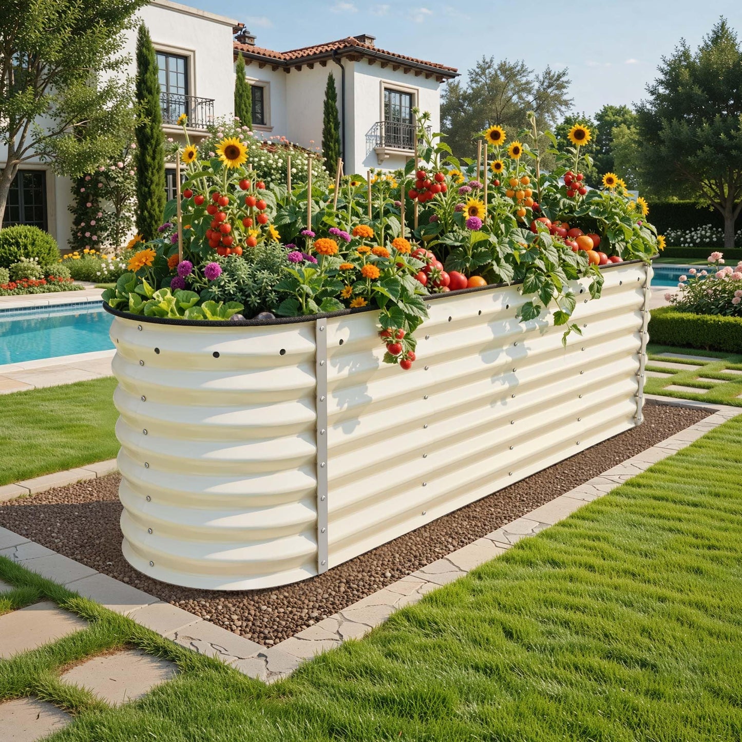 YITAHOME 8x2x2ft Raised Garden Bed Kit, 24" Tall 9 in 1 Large Galvanized Metal Planter Box with Gloves, Safety Rubber & Support Rod, Outdoor Flower Bed for Plants Vegetables Flowers, White
