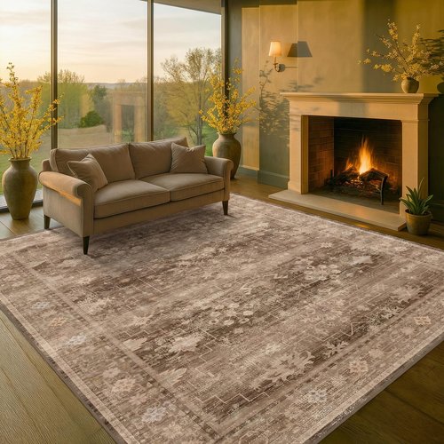 Hazo Haus Brown Rug for Living Room 10x14 - Extra Large Vintage Western Unique Neutral Taupe, Washable Low Pile Non-Slip Soft Thin Area Rug for Dining Under Table, Bedroom Under Bed, Home Office