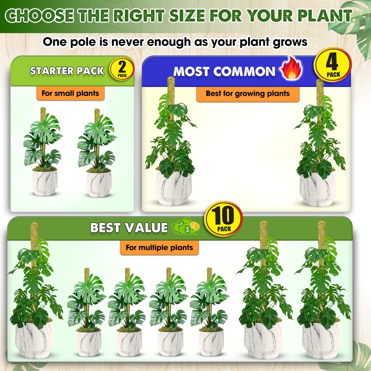 DUSPRO Natural Stackable Moss Pole for Plants Monstera Potted Plant Stakes for Indoor Plants Extendable Plant Pole Moss Sticks for Plants Climbing Vine Supporting Monstera Trellis 4Pcs 22''
