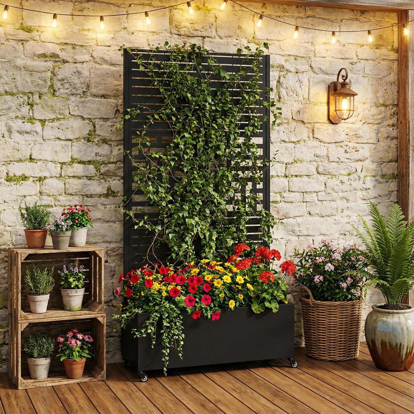 Hubxinly Metal Planter Box with Trellis Standing Planter Box for Climbing Plants/Vines Raised Garden Bed On Wheels 70.87x35.43x15.75 Inch
