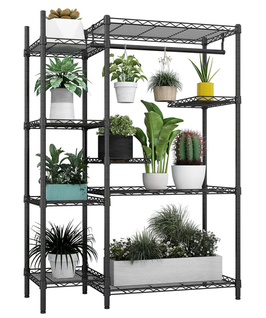 Xiofio Plant Stands for for Indoor Outdoor, Heavy Duty Metal Plant Stand,large Plant Shelf,Adjustable Plant Shelves With Hanging Rod for Living Room,Balcony,Garden,Black