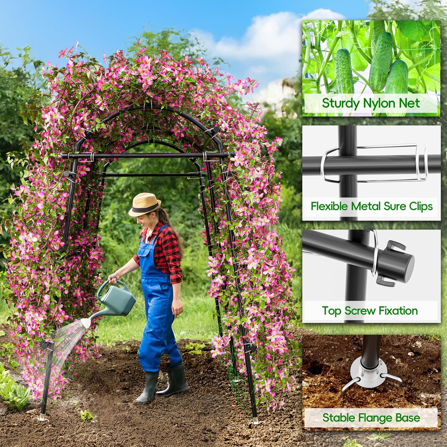 SPECILITE Garden Arch Trellis 86 in Extra Tall for Climbing Plants Outdoor, Steel Stainless Arched Arbors Tunnel Trellis with Netting, Includes Sure Clips, Cable Ties for Cucumber Tomato Vines