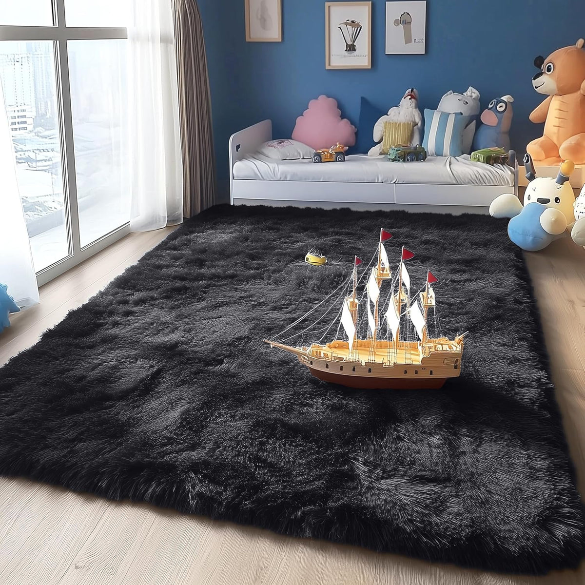 OLANLY Large Area Rug - Soft Fluffy Shaggy Carpet for Living Room & Bedroom | 5x9 ft, Black