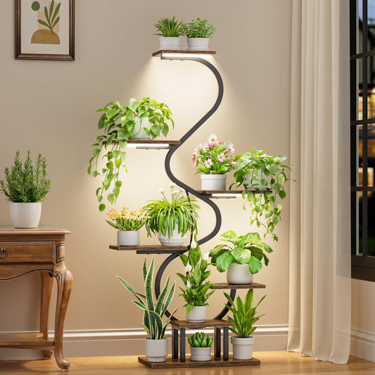 CODACE Plant Stand Indoor with Grow Lights - Tall Corner Plant Shelf, 7 Tiered Plant Stands for Indoor Plants, Metal Flower Plant Rack, Curved-Shaped Inoor Plant Holder for Living Room, Patio（Black