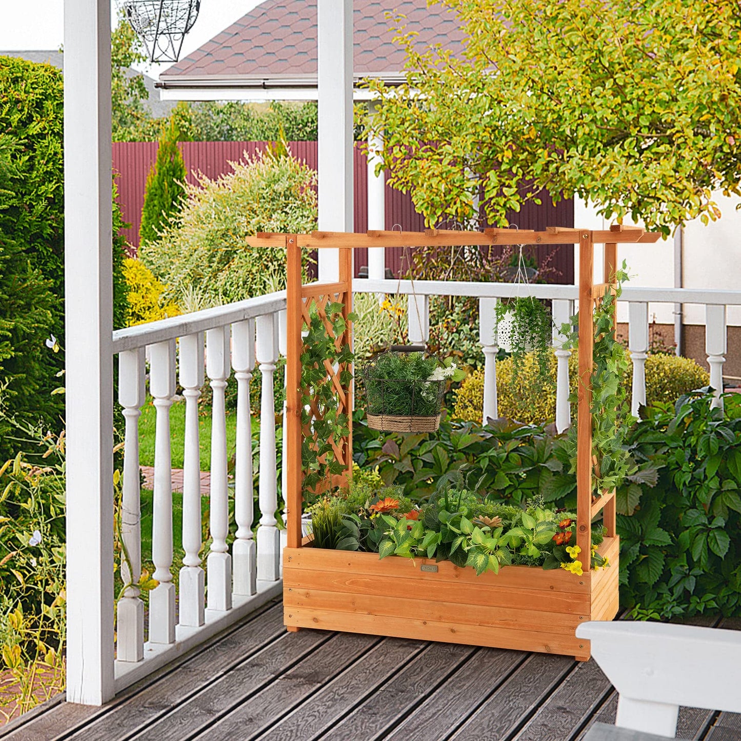 LDAILY Raised Garden Bed with Trellis, Above Ground Garden Bed with Hanging Roof, Side Trellis, & 4 Drainage Holes, Planter Box for Outdoor Climbing Plants Vines Flowers (1, 43.5"L x 17.5"W x 44.5"H)