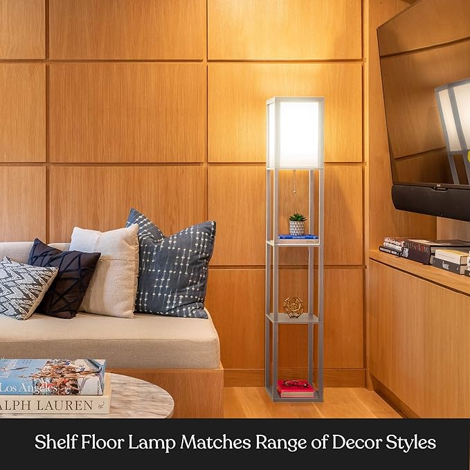 Brightech Maxwell - Modern Shelf Floor Lamp with Lamp Shade & Warm White LED Bulb, Corner Display Floor Lamp with Shelves for Living Room, Bedroom, Nightstand Office, Home Decor Storage - Rustic Wood