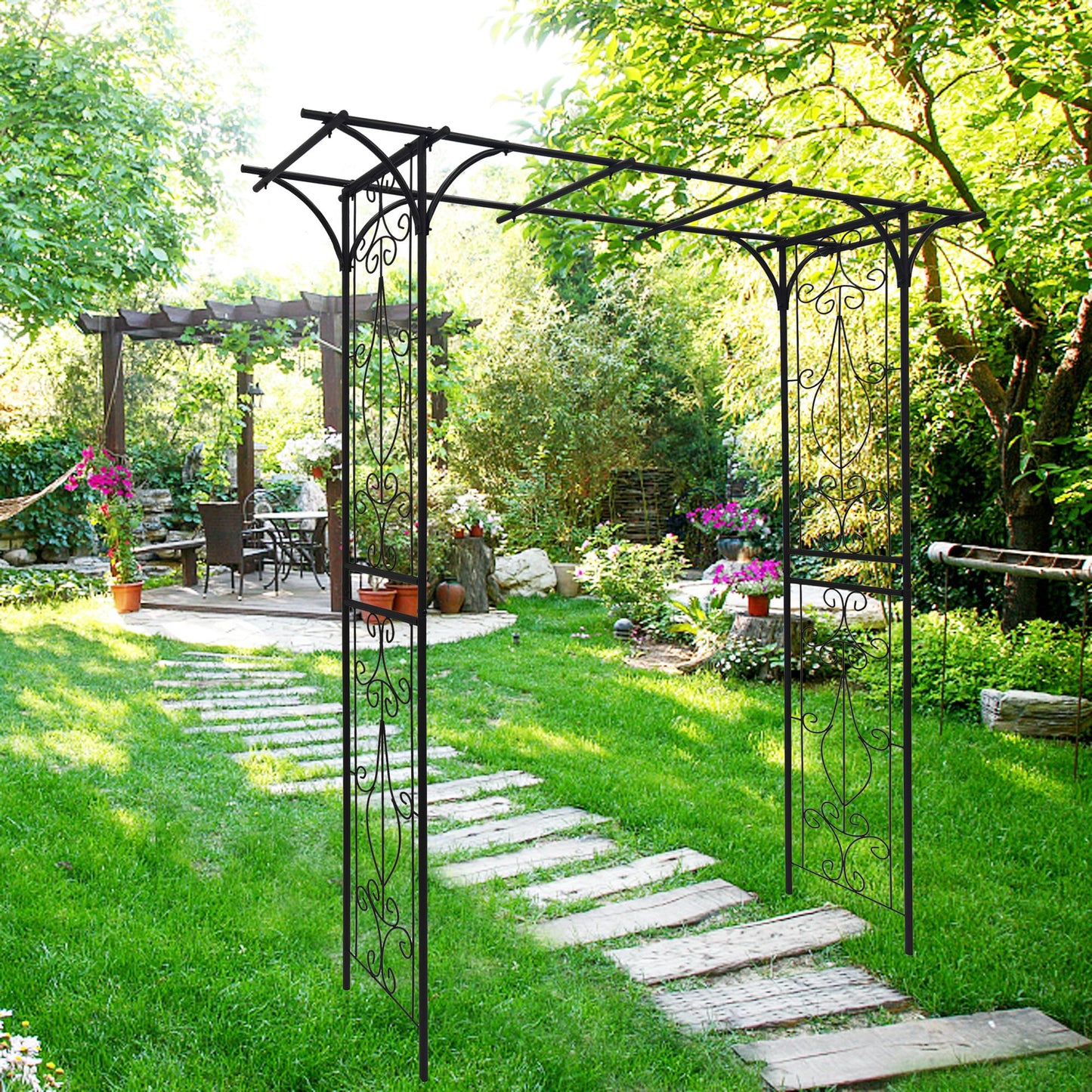 EPOFIT Metal Garden Arch, Garden Arch Trellis for Climbing Plants Outdoor, Garden Arbor for Weddings Party Events Decoration, 80" L X 20.5" W X 81" H, Black