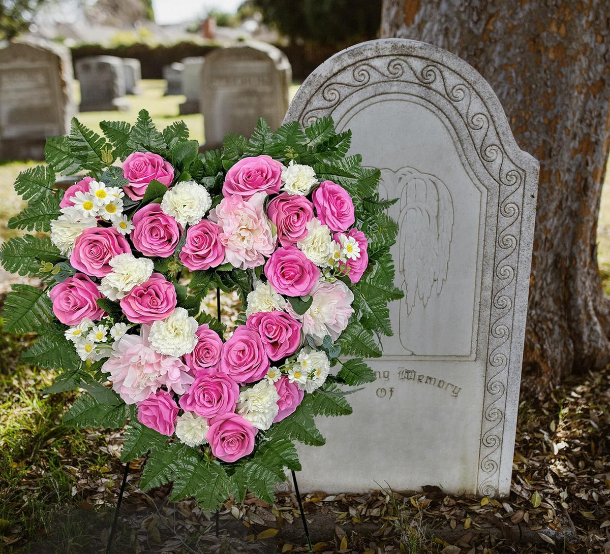 MUVIC Cemetery Flower Wreath - Elegant Heart-Shaped Memorial Floral Arrangement | 27-Inch Pink Hibiscus, Rose, Carnation, Daisy