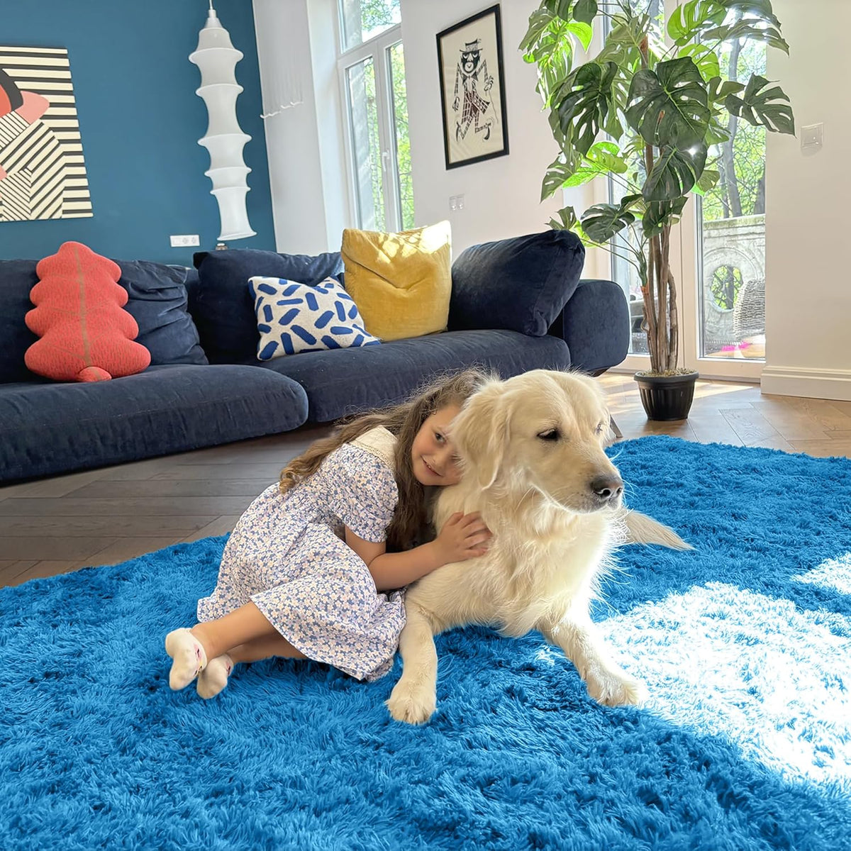 OLANLY Large 5x8 Machine Washable Area Rug - Soft Fluffy Shaggy Carpet for Living Room & Bedroom - Bright Blue