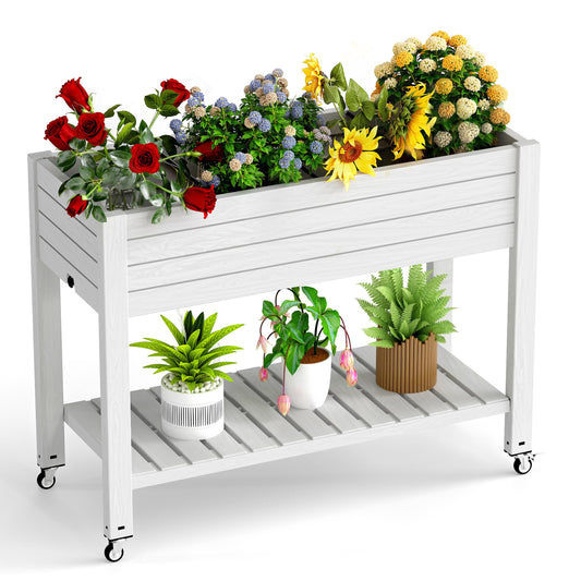 EasyUp Elevated Horticulture Raised Garden Bed with Legs, Divisible Raised Resin Planter Box for Backyard, Patio, Balcony, with 4 Legs, 4 Swivel Lockable Wheels, and Storage Shelf,Ashen