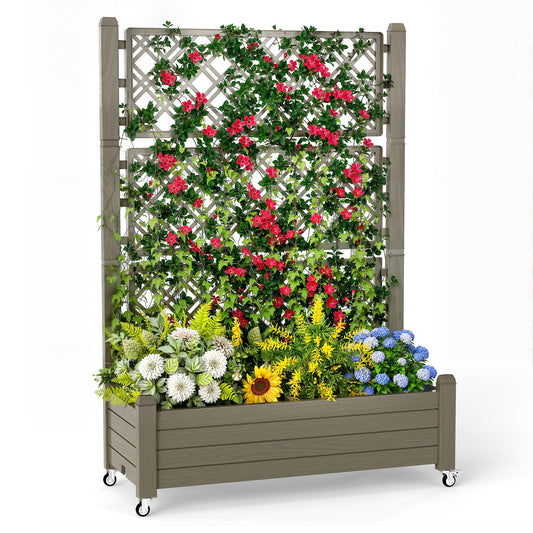 GYMHILL Elevated Raised Garden Bed with Trellis,Outdoor Large Resin Patio Planter Box with Lockable Wheels Drain Plug,Water Monitor for Plants Vegetables Flowers Fruits (Grey, 43.43 * 18.27 * 64.29)