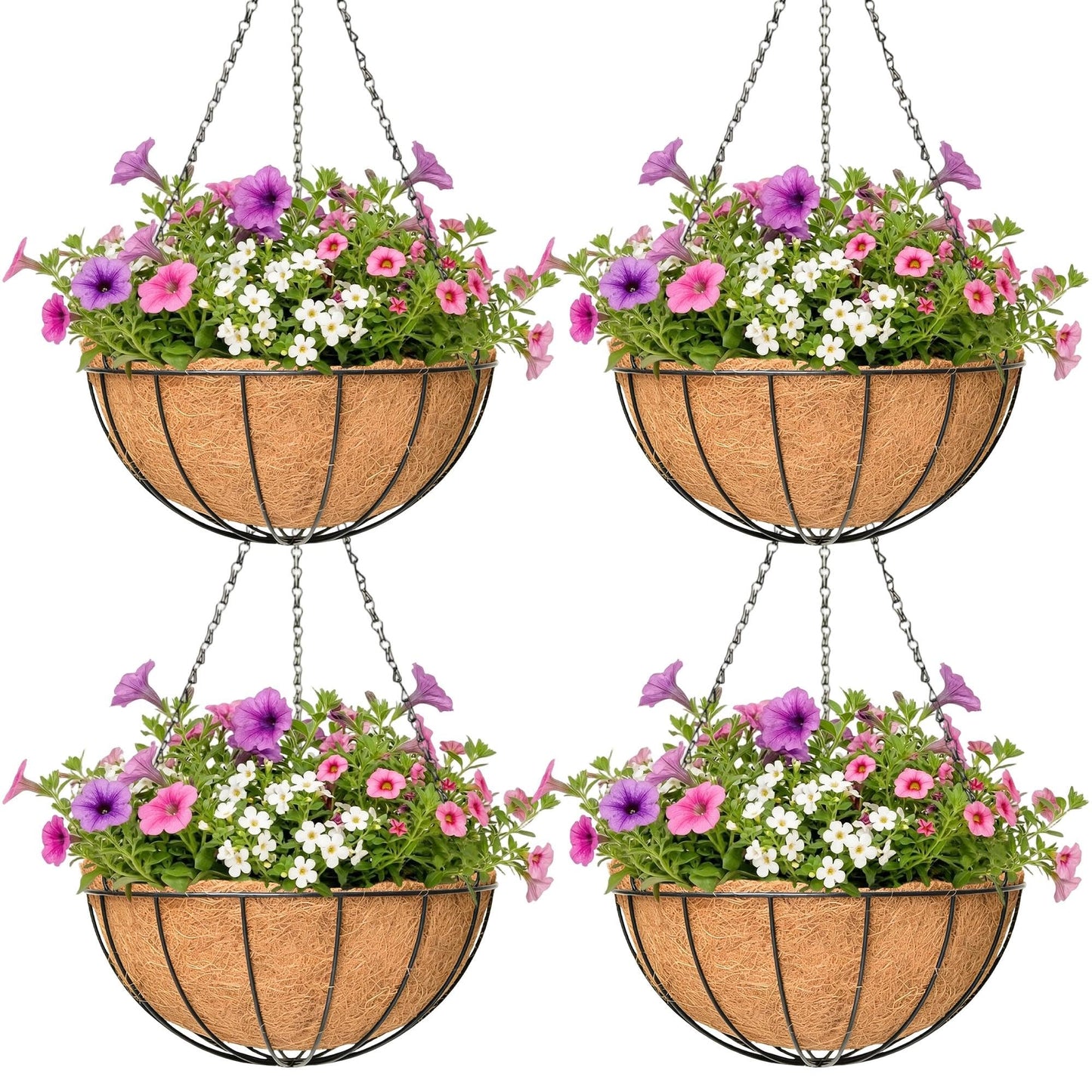4 Pack Hanging Planter for Outdoor Plants 14 inch Metal Hanging Flower Basket with Coco Coir Liner Round Wire Plant Holder Chain Flower Pots Outdoor Garden Decoration Watering Hanging Baskets(XG)