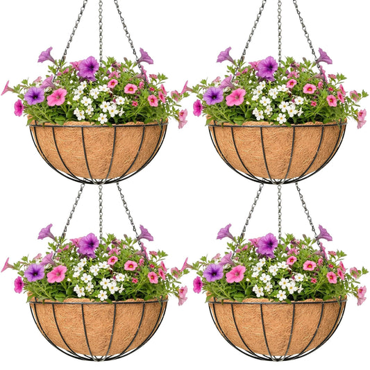 4 Pack Hanging Planter for Outdoor Plants 14 inch Metal Hanging Flower Basket with Coco Coir Liner Round Wire Plant Holder Chain Flower Pots Outdoor Garden Decoration Watering Hanging Baskets(XG)