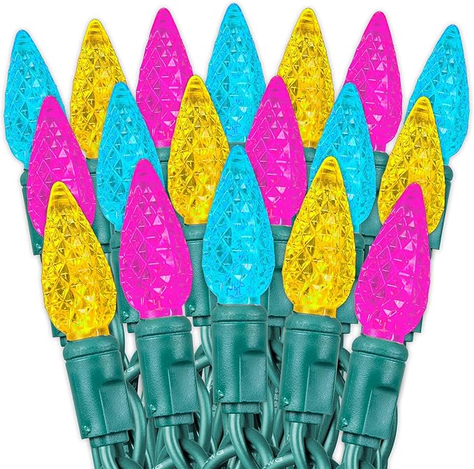 70 Light 24Ft Spring Easter Lights Commercial String Lights C6 LED Strawberry Faceted Bulb – Yellow/Teal/Pink, Green Wire, Indoor/Outdoor, Full Wave No Flicker, Connect 43 Sets