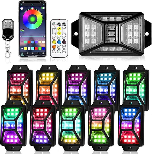 10 Pods Full Angle RGB Rock Lights Compatible with 12V Trucks Jeep UTV SUV ATV Boat Golf Cart, Waterproof Multi-Color, App/Remote Control Led Rock Lights with Music Mode