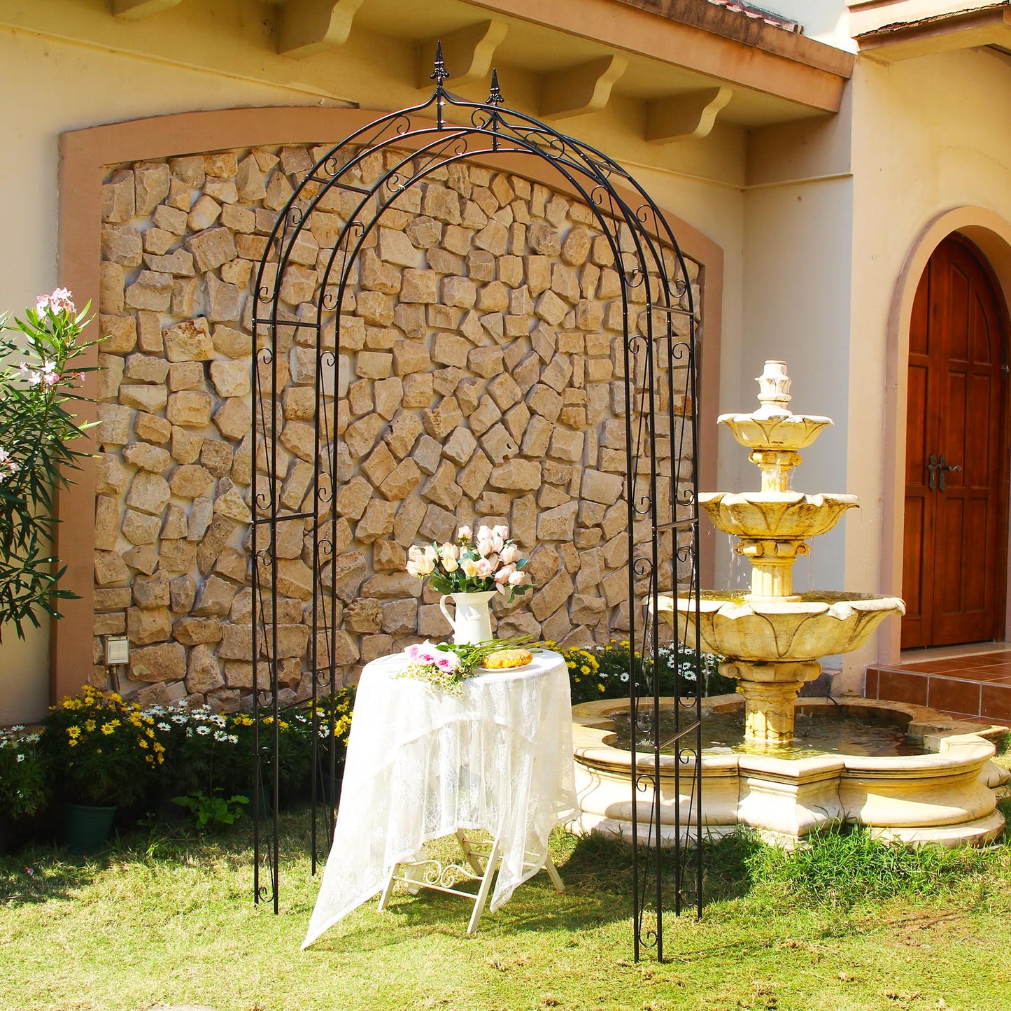 SCENDOR Garden Arbor Arch 98.4" H x 46.5" W, Heavy Duty Iron Archway Decorative Structure Stand Trellis for Climbing Rose Vines Plant Wedding Ceremony Party Outdoor Decor Black