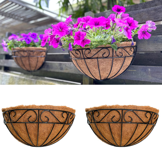 LaLaGreen Wall Hanging Planter, 2 Pack, 12 Inch Wall Mounted Flower Basket with Coco Liner for Outdoor Plants, Black Metal Wire Rail Herb Pot Holder Fence Railing Deck Porch Balcony Garden Patio Decor