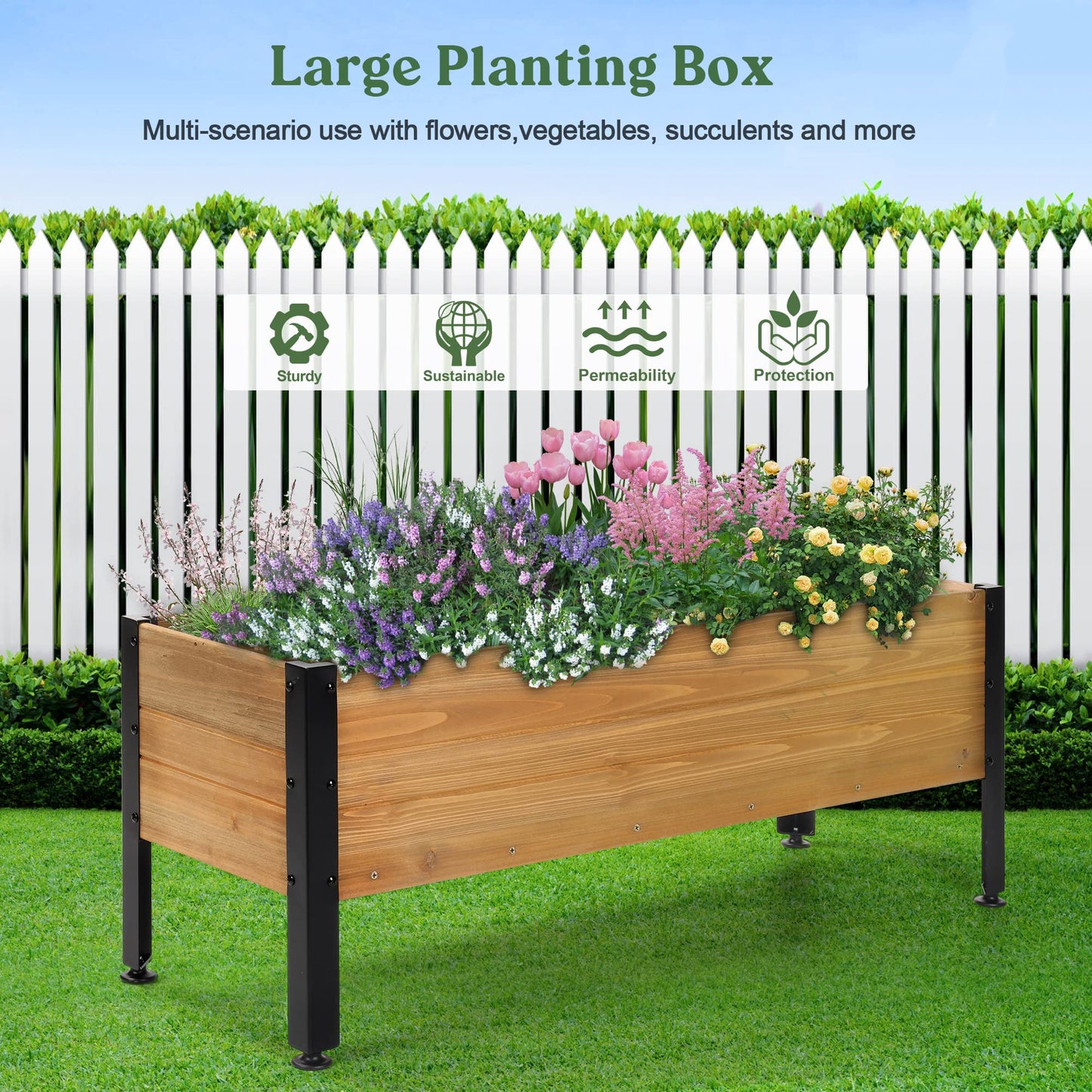 Borsynium Wooden Rectangular Flower Box with Short Iron Legs, Planting Bed for Flowers and Vegetables, Suitable for Garden and Balcony. Dimensions: 31.5×13.9×12.5 inches