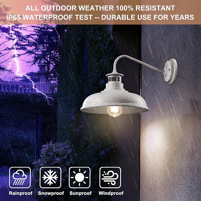 Set of 2 Gooseneck Outdoor Wall Lights Fixtures,Dusk to Dawn Motion Sensor Sconce Farmhouse Barn Lamp for Patio,3 Modes Dimmable Exterior Porch Light Wall Mount Lighting White with Rotary Dial Control