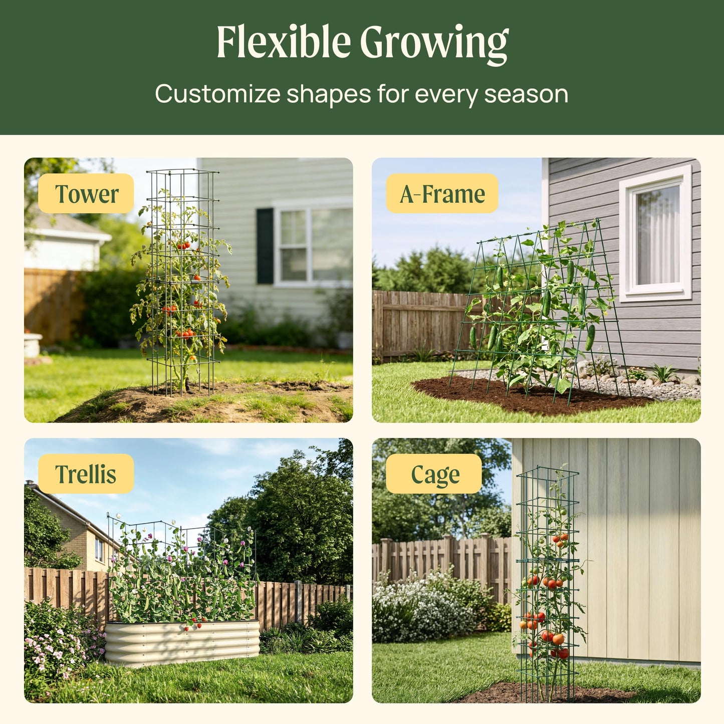 Vego Garden 4 Pack 11.5" Square Tomato Cage for Garden & Pots, Rust-Resistant Tomato Stakes Heavy Gauge Plant Cage Trellis Support for Climbing Vegetables Plants