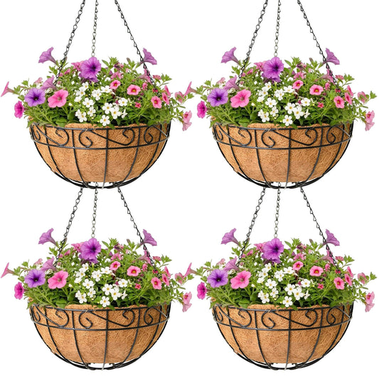 4 Pack Hanging Planter for Outdoor Plants 14 inch Metal Hanging Flower Basket with Coco Coir Liner Round Wire Plant Holder Chain Flower Pots Outdoor Garden Decoration Watering Hanging Baskets（HB）