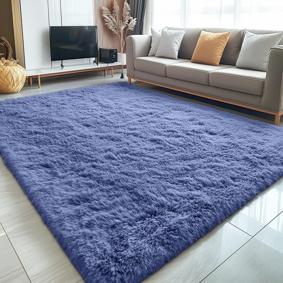 OLANLY Large Area Rug - Soft Fluffy Shaggy Carpet for Living Room & Bedroom | 5x7 Denim Blue