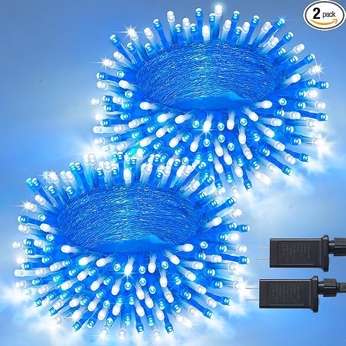 JMEXSUSS 2 Pack 100 LED Blue and White Christmas Lights, 33ft 8 Modes Christmas String Lights Indoor Outdoor, Clear Wire Plug in Twinkle Light for Xmas Bedroom Party Decorations