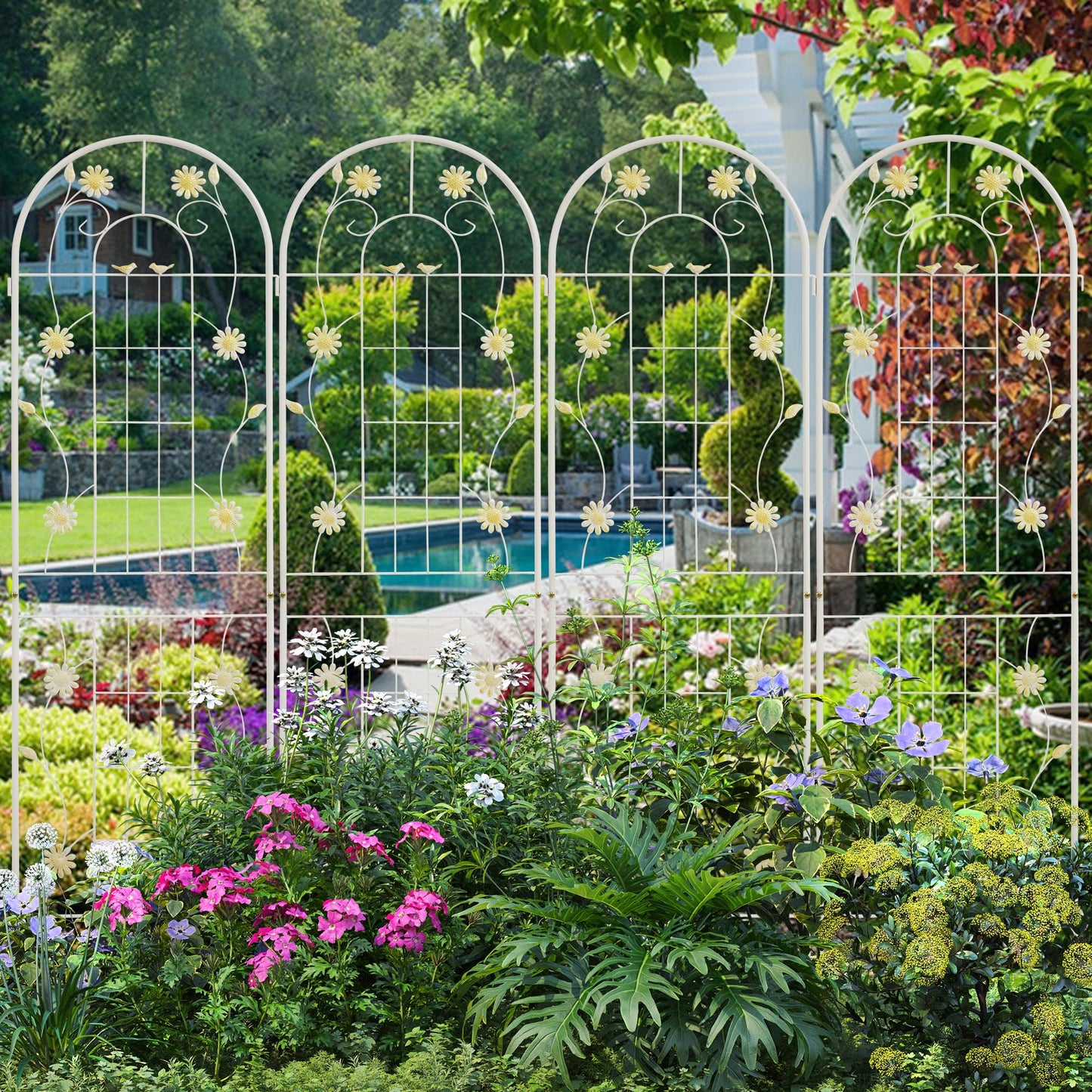LZRS 4 Pack 71x20in Rustic Iron Arch Decoration Garden Trellis with Black Metal Coating – Perfect for Supporting Climbing Plants Outdoor, Roses, Vines, Flowers, and Vegetables.