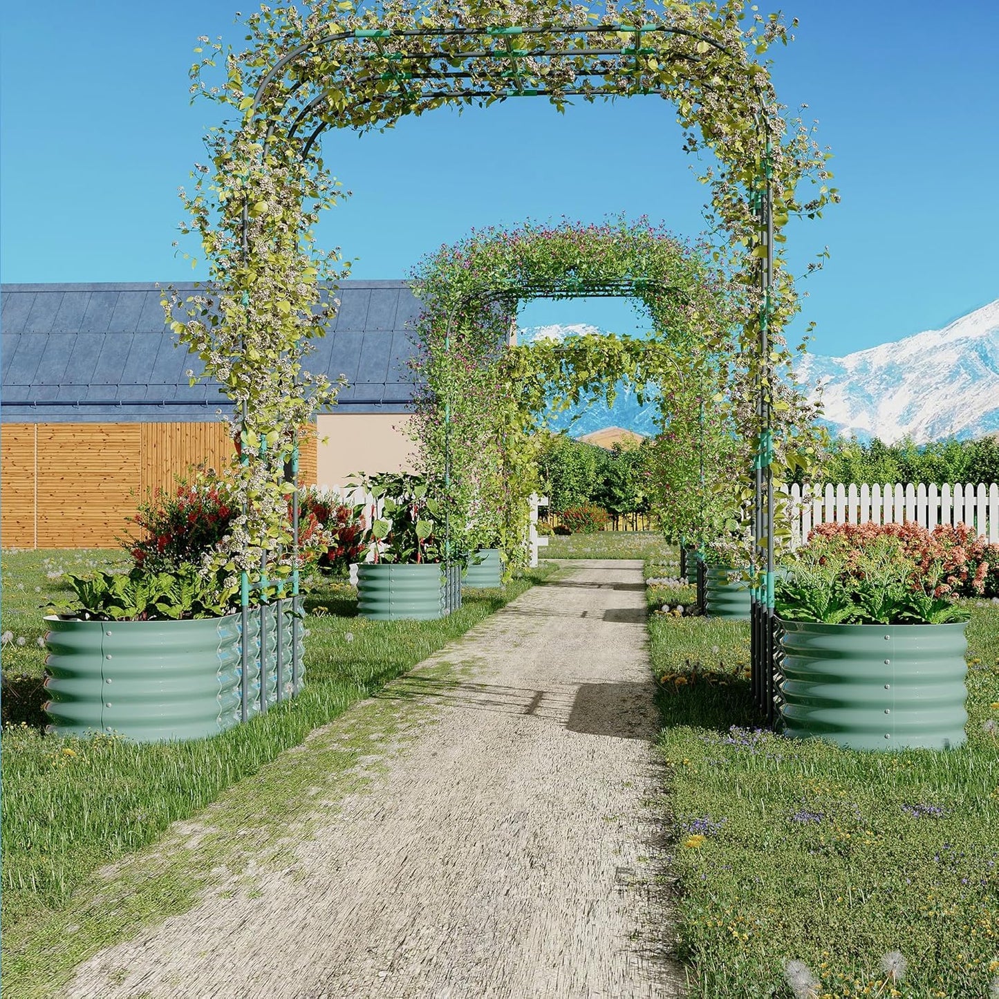Takywep Galvanized Raised Garden Bed with 96" Vertical Arch Trellis, Expandable Outdoor Planter Box with Dual Sections, Rust-Resistant Garden Bed for Flowers, Herbs, Vegetables, Vines, Green