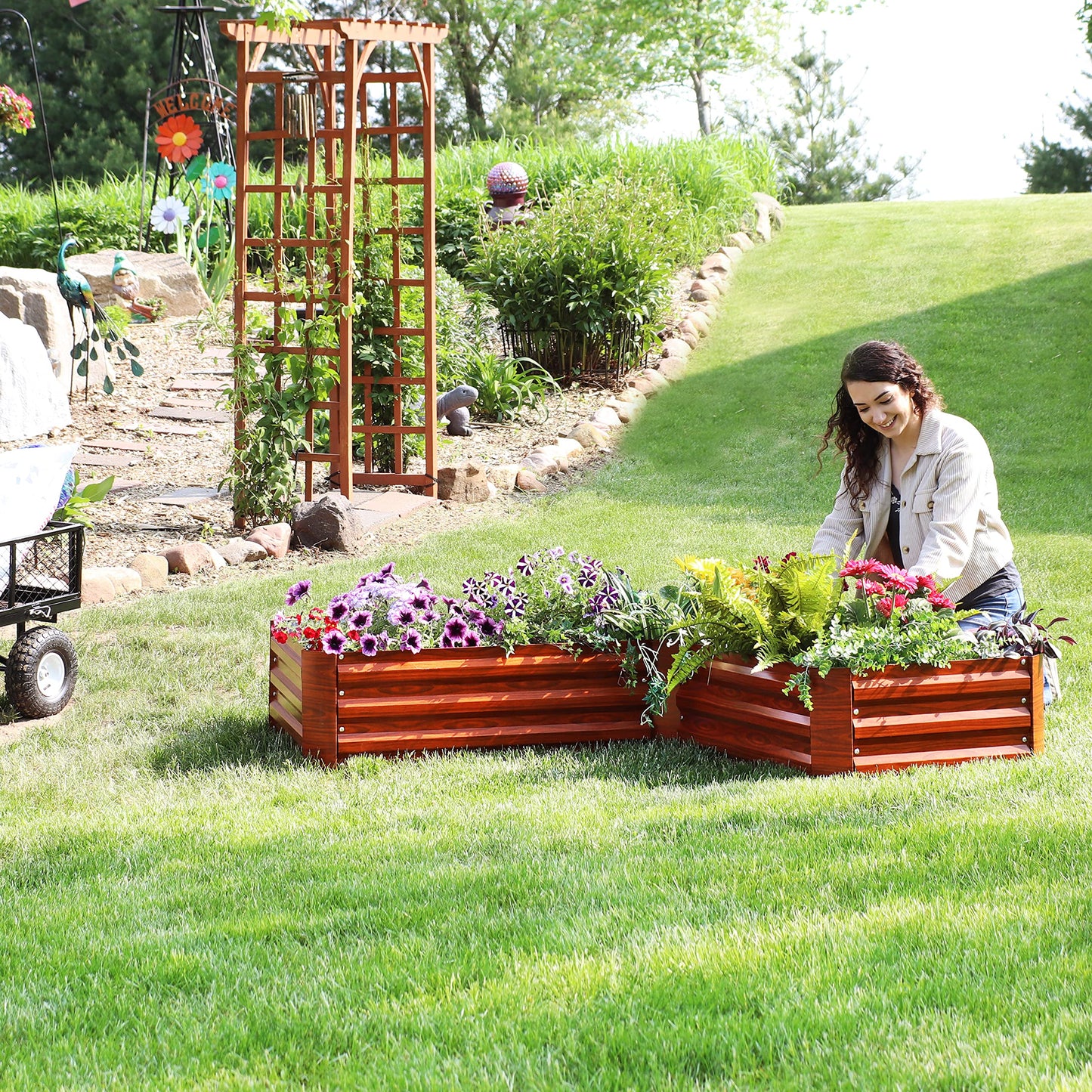 Sunnydaze Galvanized Raised Garden Bed Kit - 5x5x1 ft Outdoor Raised Garden Bed - Metal Planter Box for Vegetables, Flowers, Herbs - Woodgrain - L-Shaped
