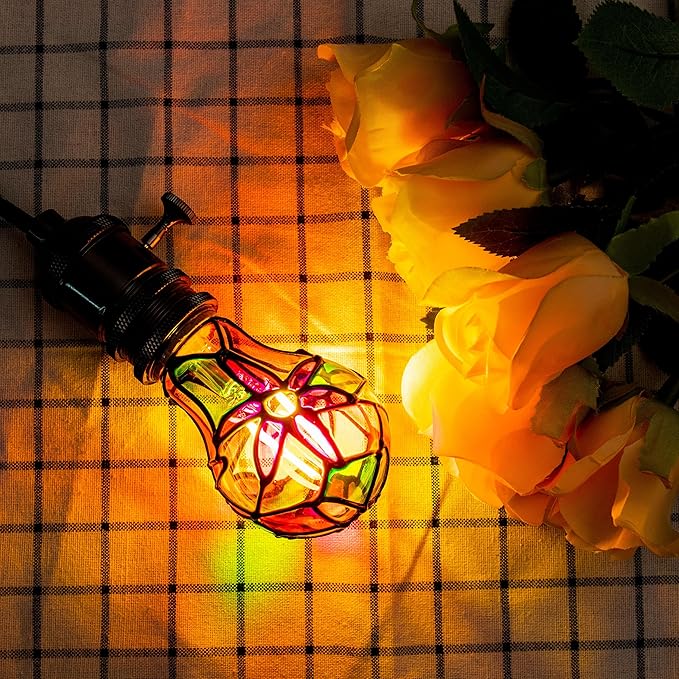 Stained Glass Light Bulb, Stain Tinted Glass Light Bulbs Indoor, 4W 120V, E26 Rainbow Painted Mosaic Bulb, Multi Colored Colorful Bulbs Indoor, Fun Romantic Unique Decorative Lighting for Lamp