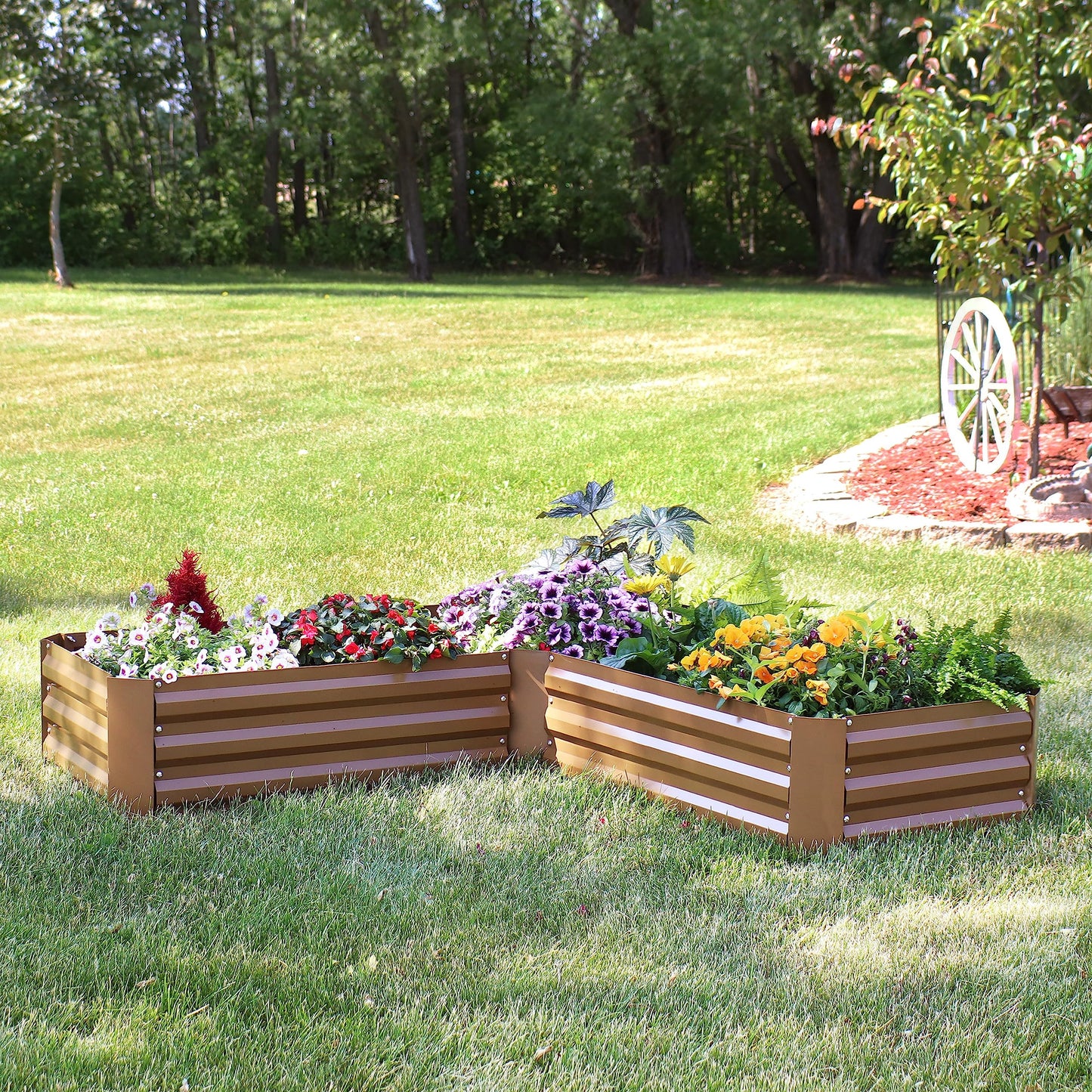 Sunnydaze Galvanized Raised Garden Bed Kit - 5x5x1 ft Outdoor Raised Garden Bed - Metal Planter Box for Vegetables, Flowers, Herbs - Brown - L-Shaped